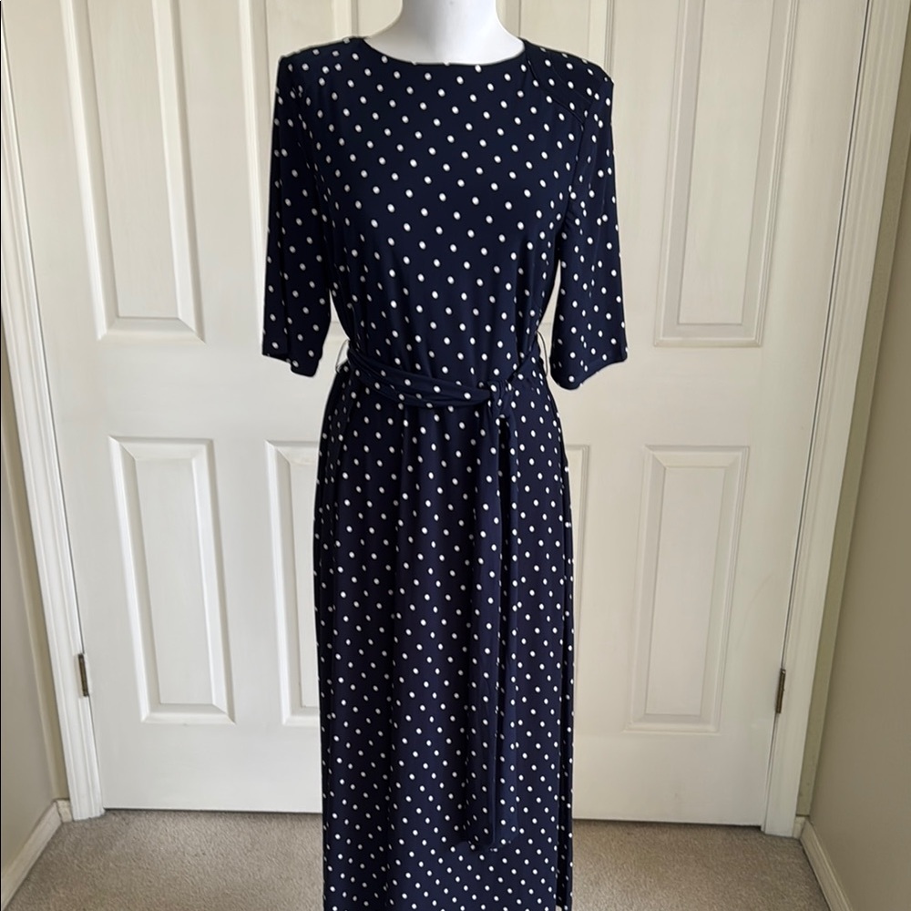 Anne Klein Navy and White Polka Dot Midi Dress